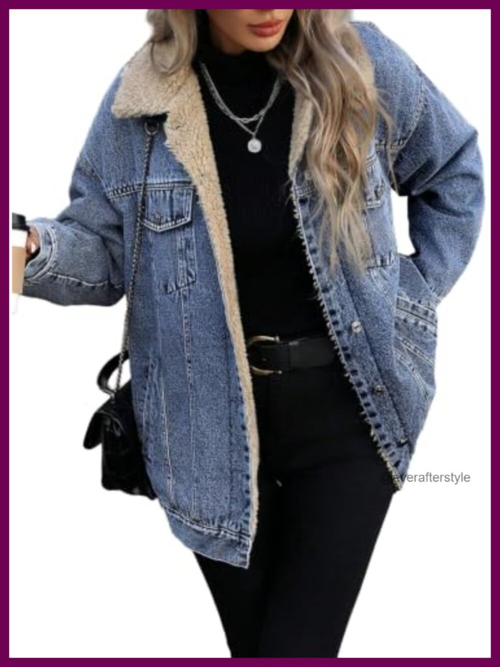 Oversized Sherpa Lined Cotton Denim Trucker Jacket Fleece Collar Winter Coat